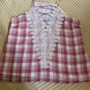 Wayf Pink and Cream Lace Trim Top